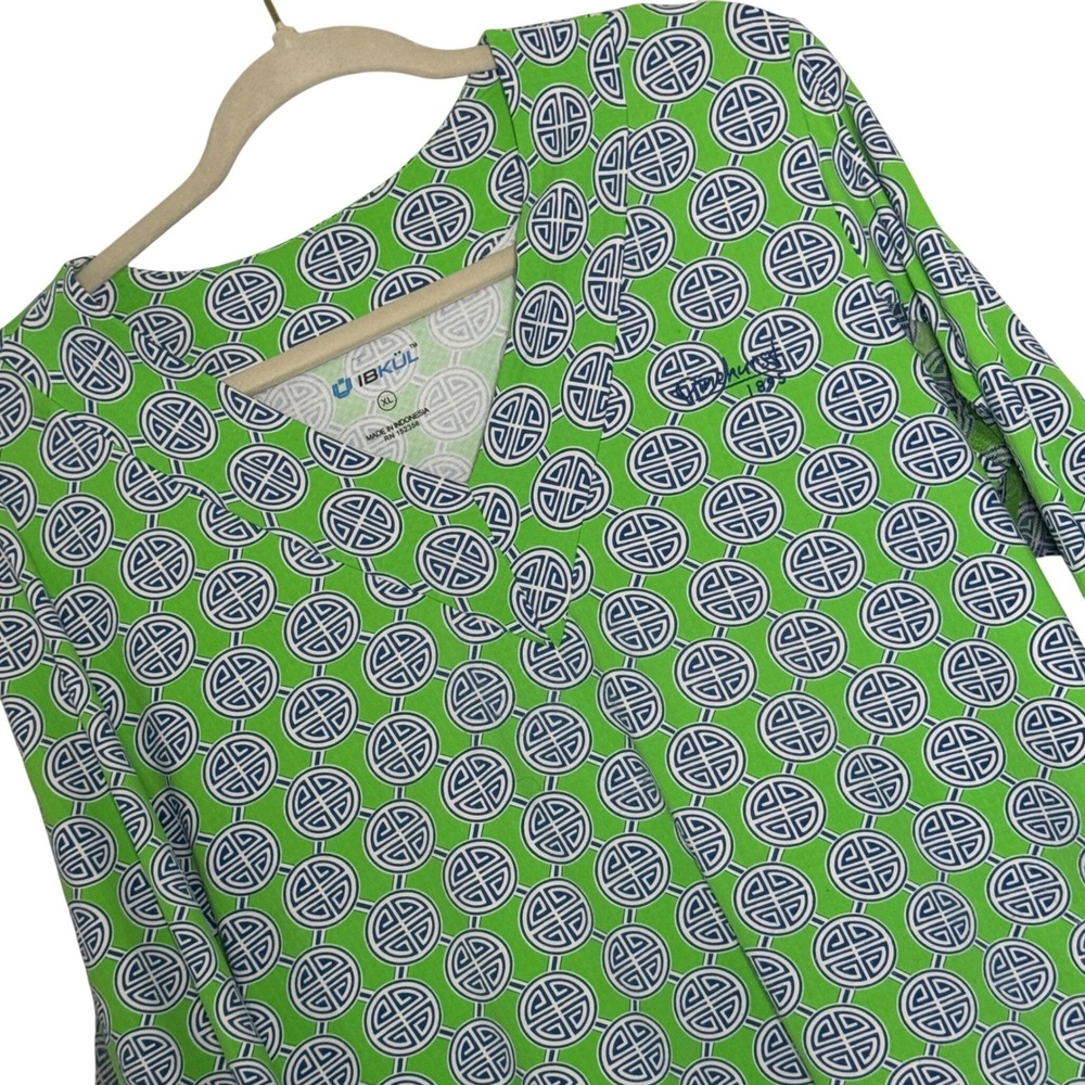 IBKUL Pinehurst Medallion Print Dress Women XL Green V-Neck Long Sleeve Mesh